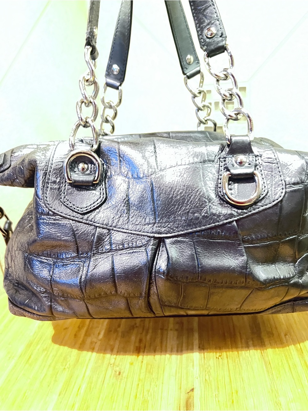 Y2K Coach Black Croc-Embossed Leather Shoulder Bag w/Chain Accents NL1126-F17660 - Picture 4 of 16